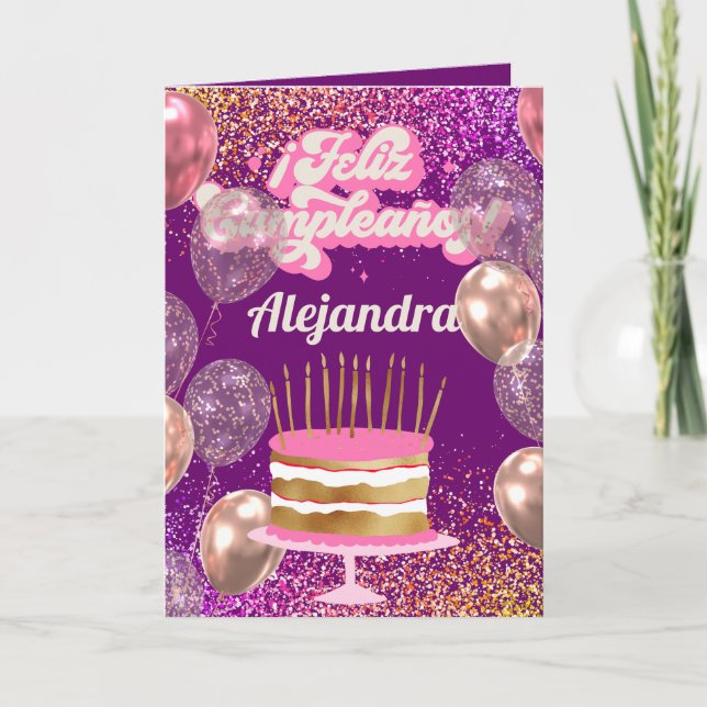 Ballonernas födelsedag i spanska Cake Glitter Kort (Framsida)