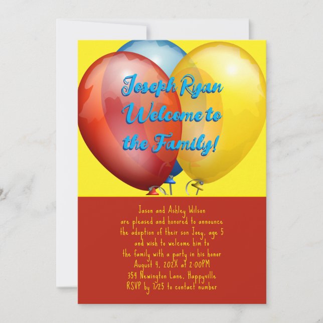 Ballong Adoption Fest Invitation till Ny Son Inbjudningar (Framsida)
