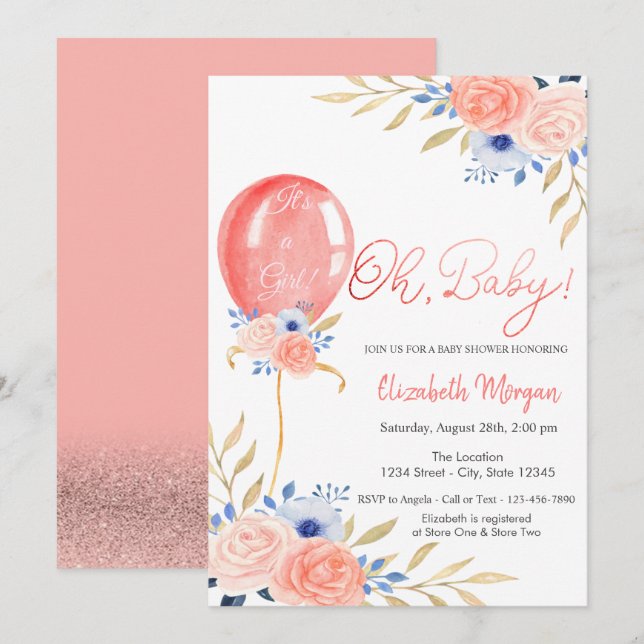Ballong Blommig Baby Shower Inbjudan (Fram/baksida)
