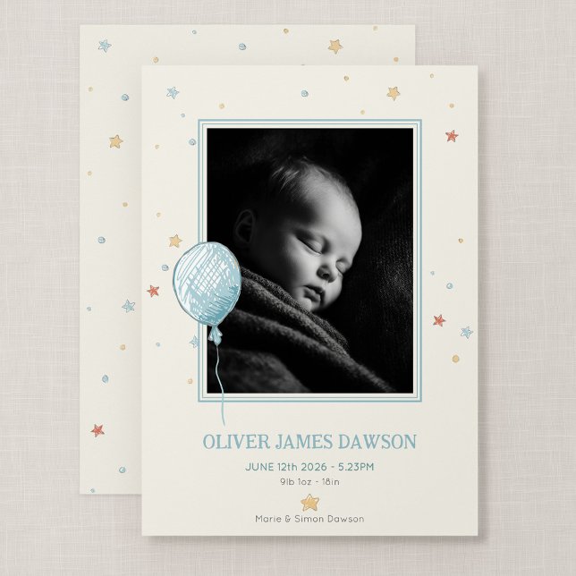 Ballong Dagdröm Födelse Annonsering 5x7 Fotokort Meddelande (Balloon Daydream - New Baby 5x7" Flat Photo Card)