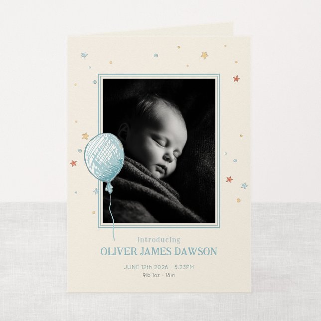 Ballong Dagdröm Vikad 5x7 Ny Bebis Annonsering Meddelande (Balloon Daydream - 5x7" Folded New Baby Photo Announcement)