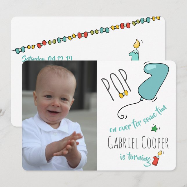 Ballong för födelsedag för färgrik hand plockade inbjudningar (Fram/baksida)