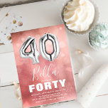 Ballong för modern Rosa i fyrtio Födelsedagsfester Inbjudningar<br><div class="desc">Modern fyrtionde födelsedagsfest inbjudan designad med en rosa med ombre vattenfärg,  genomskinlig bubbelkonetti och en stor 40 heliumballong med silver nummer. Namn är skrivet i stor kalligrafisk vit text med en enkel födelsedagsmall under vilken det är enkelt att anpassa.</div>