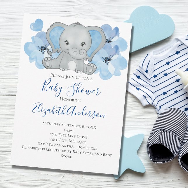 Ballong med blå Pojke Elephant Baby Shower Flowers Inbjudningar (Skapare uppladdad)