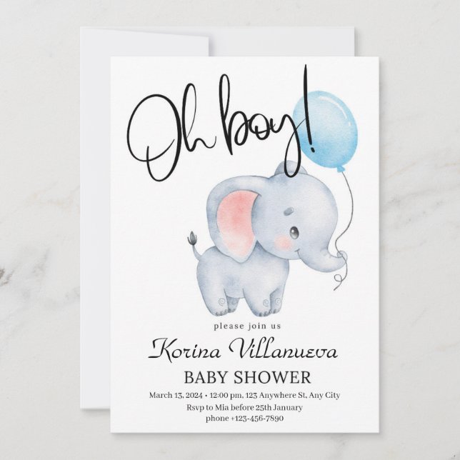 ballong söt elefant baby shower inbjudan (Framsida)