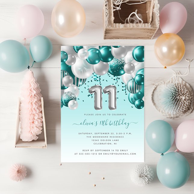 Ballongbåge Teal Silver 11-års födelsedagsfest Vykort (Skapare uppladdad)