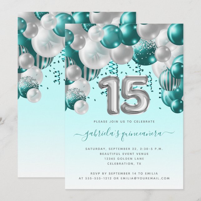 Ballongbåge Teal Silver Quinceañera Inbjudningar (Fram/baksida)