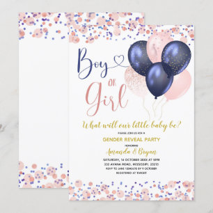 Ballongblått och Rosa Blegon Gender Reveal Inbjudningar