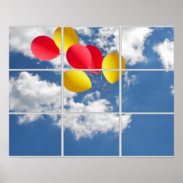 ballongbukett i himlen genom fönster poster (Framsidan)