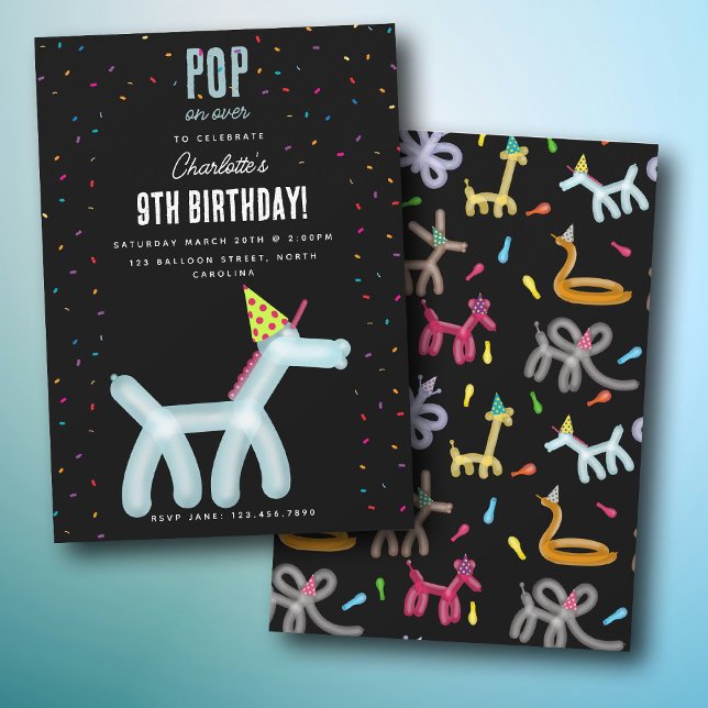 Ballongdjur Enhörning Barn Kalas Tema Inbjudningar (Balloon Animals Unicorn Kids Birthday Party Theme Invitation)