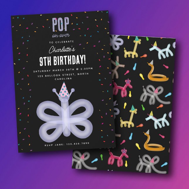 Ballongdjur Fjäril Barn Födelsedagsfest Inbjudningar (Balloon Animals Butterfly Kids Birthday Party Invitation)