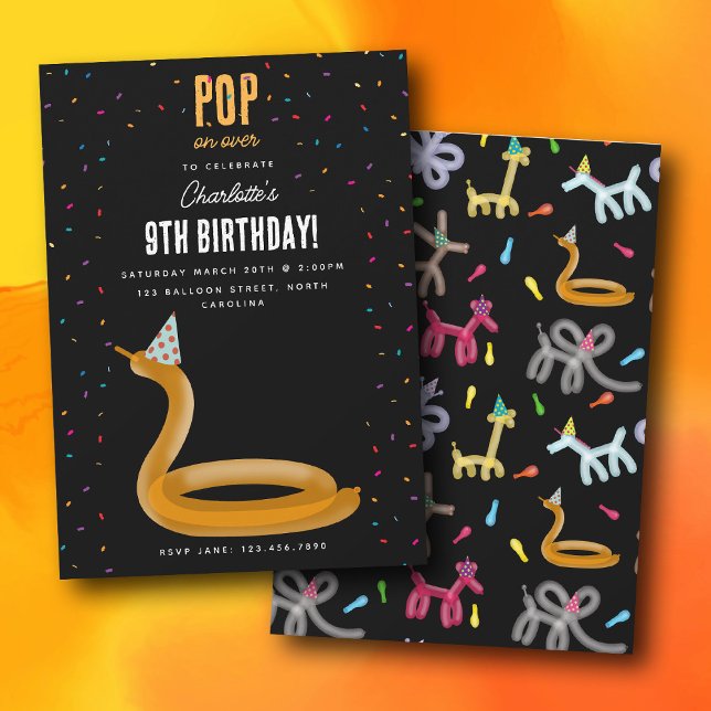 Ballongdjur Orm Barn Kalas Tema Inbjudningar (Balloon Animals Snake Kids Birthday Party Theme Invitation)