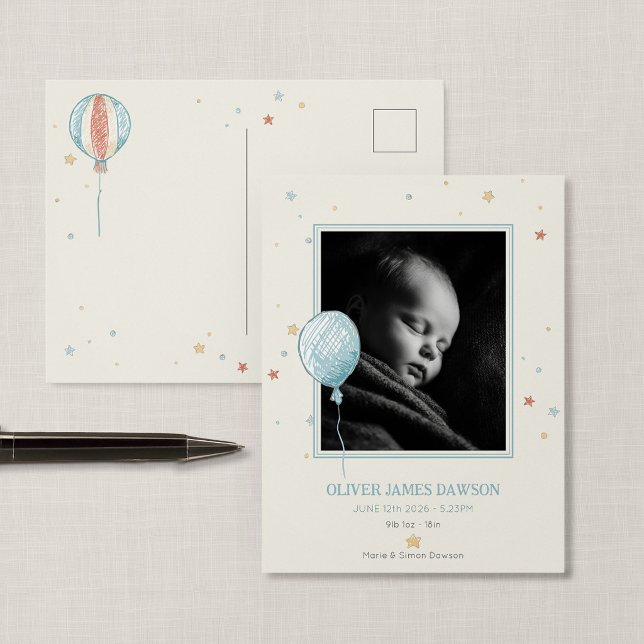 Ballongdröm Ny Bebis Annonseringskort Vykort (Balloon Daydream - New Baby Photo Postcard Announcement)