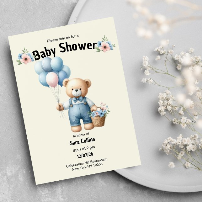 Ballonger av elfenbensbrunt nalle, babyskor inbjudningar (Ivory brown teddy bear balloons flower Baby Shower)