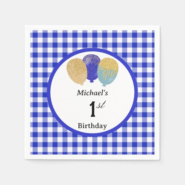 Ballonger & Blått Gingham 1-årsdag Pappersservett (Framsidan)