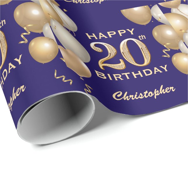 Ballonger för 20:e födelsedag Blått och Guld Glitt Presentpapper (Rullad Hörn)