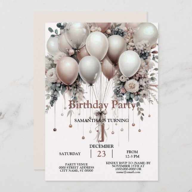 Ballonger för färglös vit persikofärgad Blommigt E Inbjudningar (Fram/baksida)