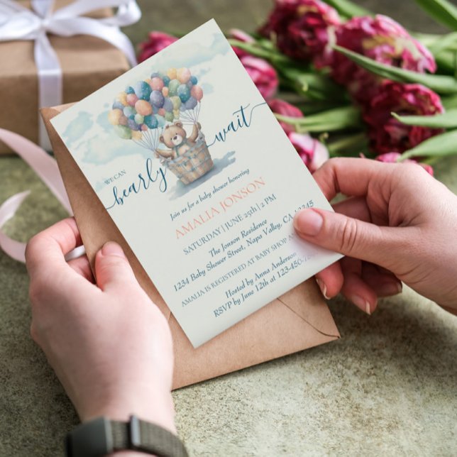 Ballonger för Nalle, vattenfärg, babyskor Inbjudningar (Skapare uppladdad)