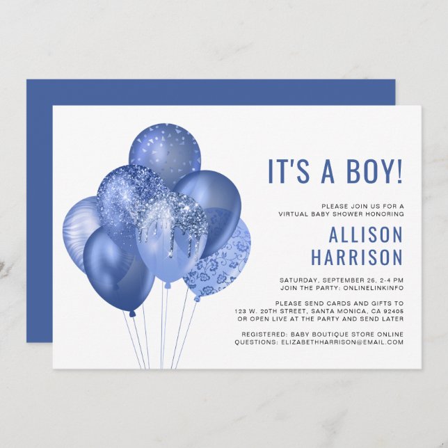 Ballonger för virtuella Pojke-skugga, blå Glitter Inbjudningar (Fram/baksida)