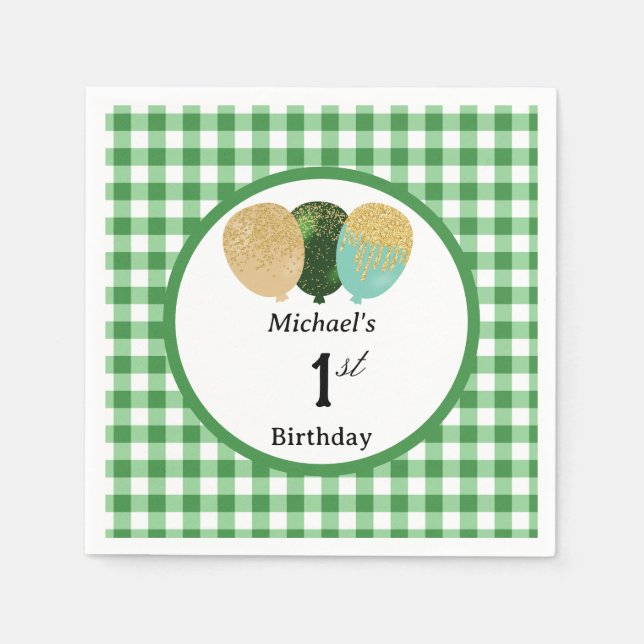 Ballonger & Grönt Gingham 1-årsdag Pappersservett (Framsidan)