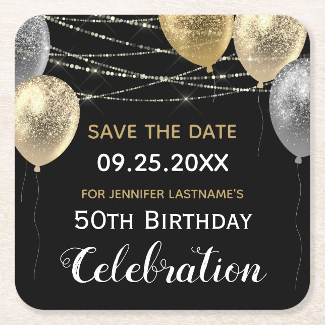 Ballonger guld Glitter 50:e födelsedag Spara datum Underlägg Papper Kvadrat (Framsidan)