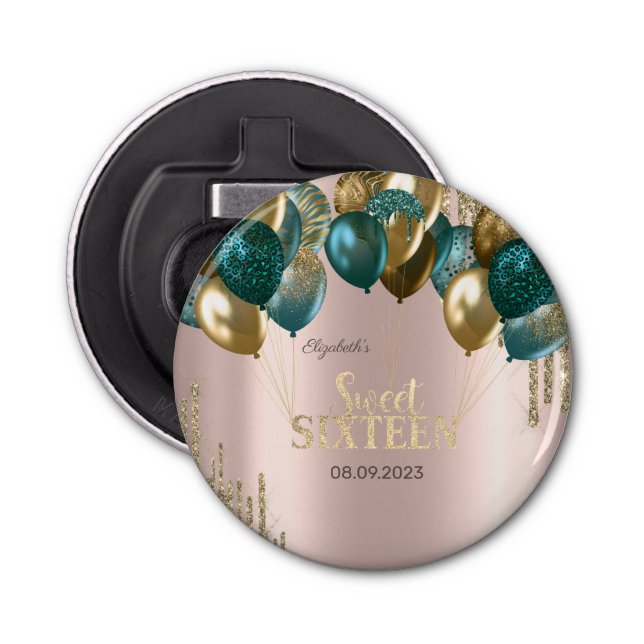 Ballonger guld Glitter Ro Guld Sweet 16 Flasköppnare (Framsidan)