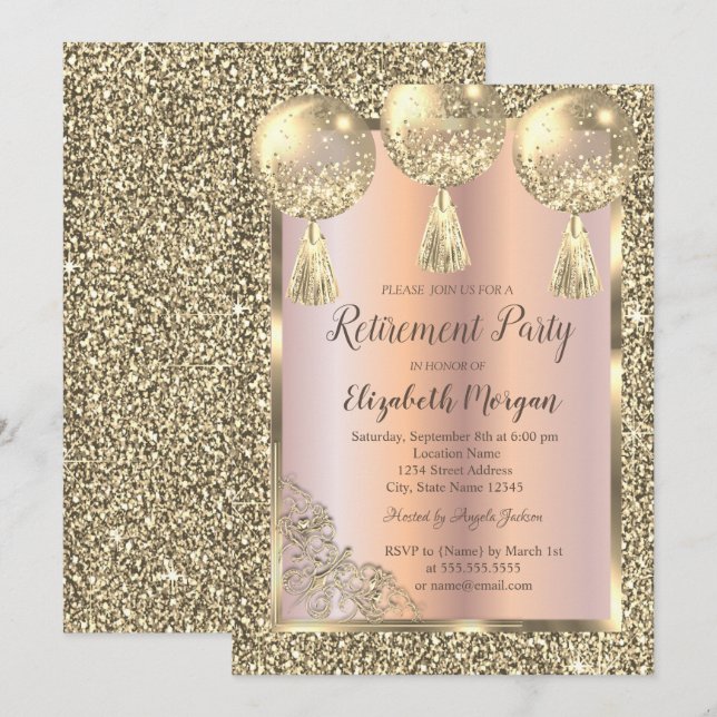 Ballonger, Guld Ram, Roséguld, Glitter Pensionerin Inbjudningar (Fram/baksida)