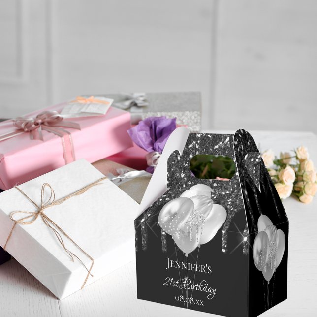 Ballonger i födelsedagsfest, svart silver glitter presentaskar (Skapare uppladdad)