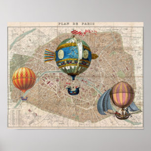 Ballonger över karta för Paris vintagefrankriken Poster