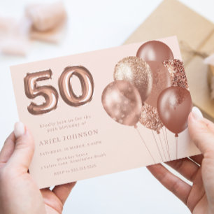 Ballonger ro Guld 50:e Födelsedagsfesten Inbjudningar