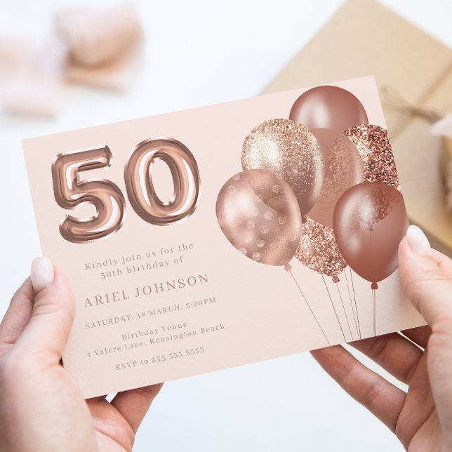 Ballonger ro Guld 50:e Födelsedagsfesten Inbjudningar (Skapare uppladdad)