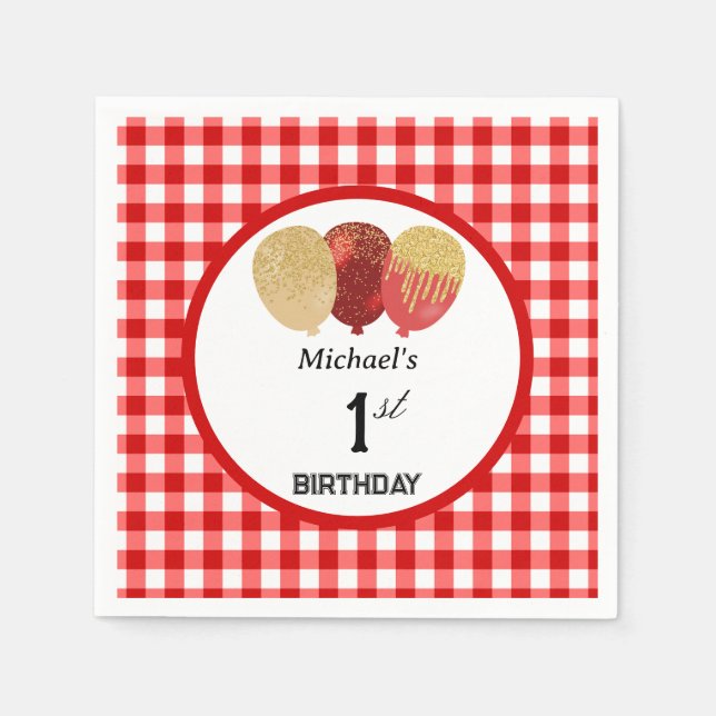 Ballonger & Rött Gingham 1-årsdag Pappersservett (Framsidan)