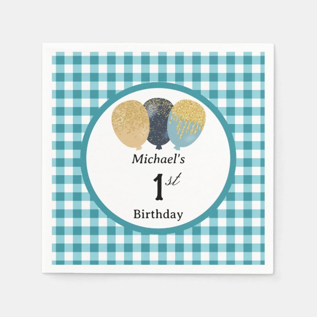 Ballonger & Tealblå Gingham 1-årsdag Pappersservett (Framsidan)