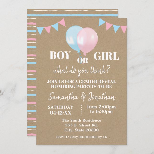 Ballongers gender avslöjar pojke eller flicka baby inbjudningar (Fram/baksida)