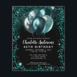 Ballongfödelsedag i Grönten Black Glitter<br><div class="desc">Modern Glam Teal Grönt Black Glitter Gnistra Balloon Elegant Snyggt Birthday-inbjudan</div>