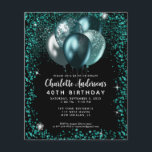 Ballongfödelsedag i Grönten Black Glitter<br><div class="desc">Modern Glam Teal Grönt Black Glitter Gnistra Balloon Elegant Snyggt Birthday-inbjudan</div>