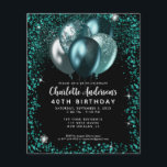 Ballongfödelsedag i Grönten Black Glitter Flygblad<br><div class="desc">Modern Glam Teal Grönt Black Silver Glitter Gnistra Balloon Elegant Birthday-inbjudan till Snyggten</div>