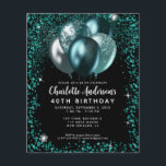 Ballongfödelsedag i Grönten Black Glitter Flygblad<br><div class="desc">Modern Glam Teal Grönt Black Silver Glitter Gnistra Balloon Elegant Birthday-inbjudan till Snyggten</div>