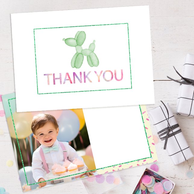 Ballonghund Grön Tacksamhetskort Inbjudningar (gender neutral photo birthday party thank you card )