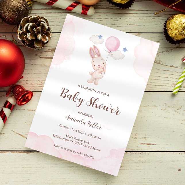 Ballonginbjudan till Cute Bunny Balloon Baby Showe Inbjudningar (Skapare uppladdad)
