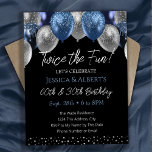 Ballonginbjudan till dubbla Birthday Blue och Silv Inbjudningar<br><div class="desc">Utformning av ballonger i silver och glitter i blått. Justerbar för alla vuxarna sparar datumet födelsedagsfest inbjudan. Digital Download utintable inbjudan</div>