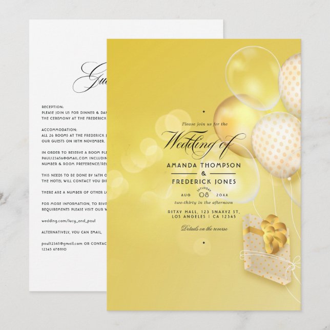 Ballonginbjudan till Guld Bokeh Balloons Wedding Inbjudningar (Fram/baksida)