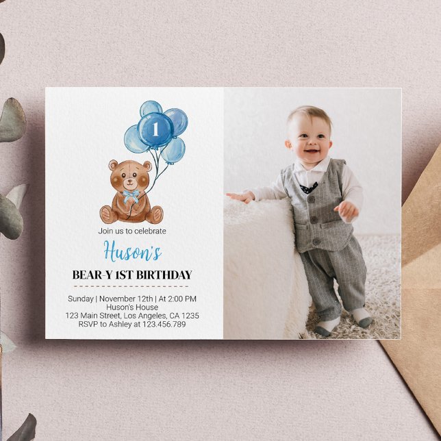 Ballonginbjudan till nalle på födelsedagen Blue Be Tack Kort (Skapare uppladdad)
