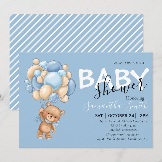 Ballonginbjudningar till Nallen Blue Baby Shower Meddelande (Fram/baksida)