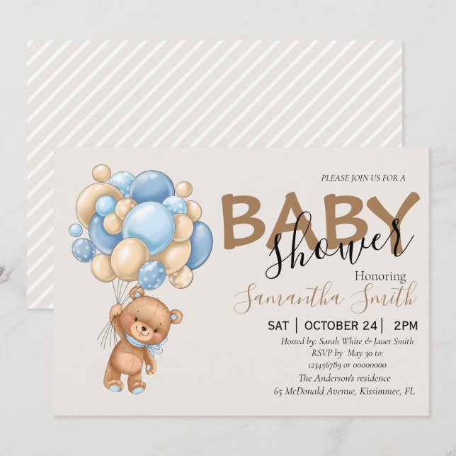 Ballonginbjudningar till Nallen Brown Baby Shower Meddelande (Fram/baksida)