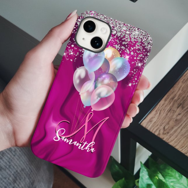 Ballongmonogram för Cute shock rosa faux silver gl (Skapare uppladdad)