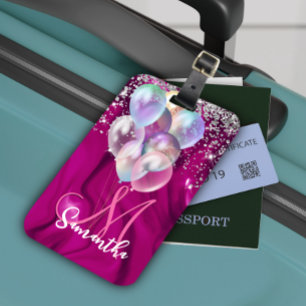 Ballongmonogram för Cute shock rosa faux silver gl Bagagebricka