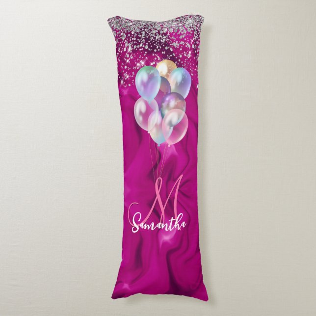 Ballongmonogram för Cute shock rosa faux silver gl Kroppskudde (Framsidan Vertikal)