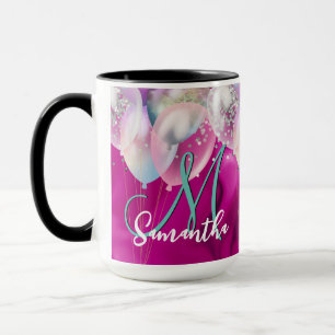 Ballongmonogram för Cute shock rosa faux silver gl Mugg