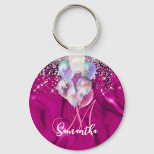 Ballongmonogram för Cute shock rosa faux silver gl Nyckelring